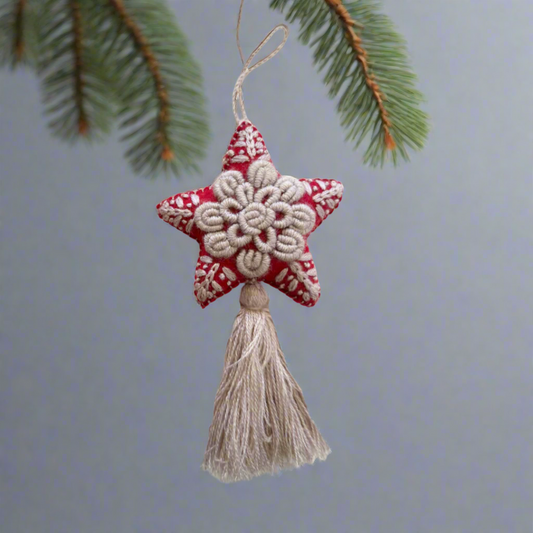 Red Star Embroidered Felted Wool Handmade Ornament - Mexico