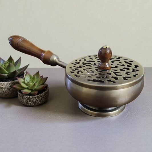 Bronze Finish Metal Charcoal Burner with Lid & Wooden Handle 9"