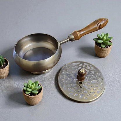 Bronze Finish Metal Charcoal Burner with Lid & Wooden Handle 9"