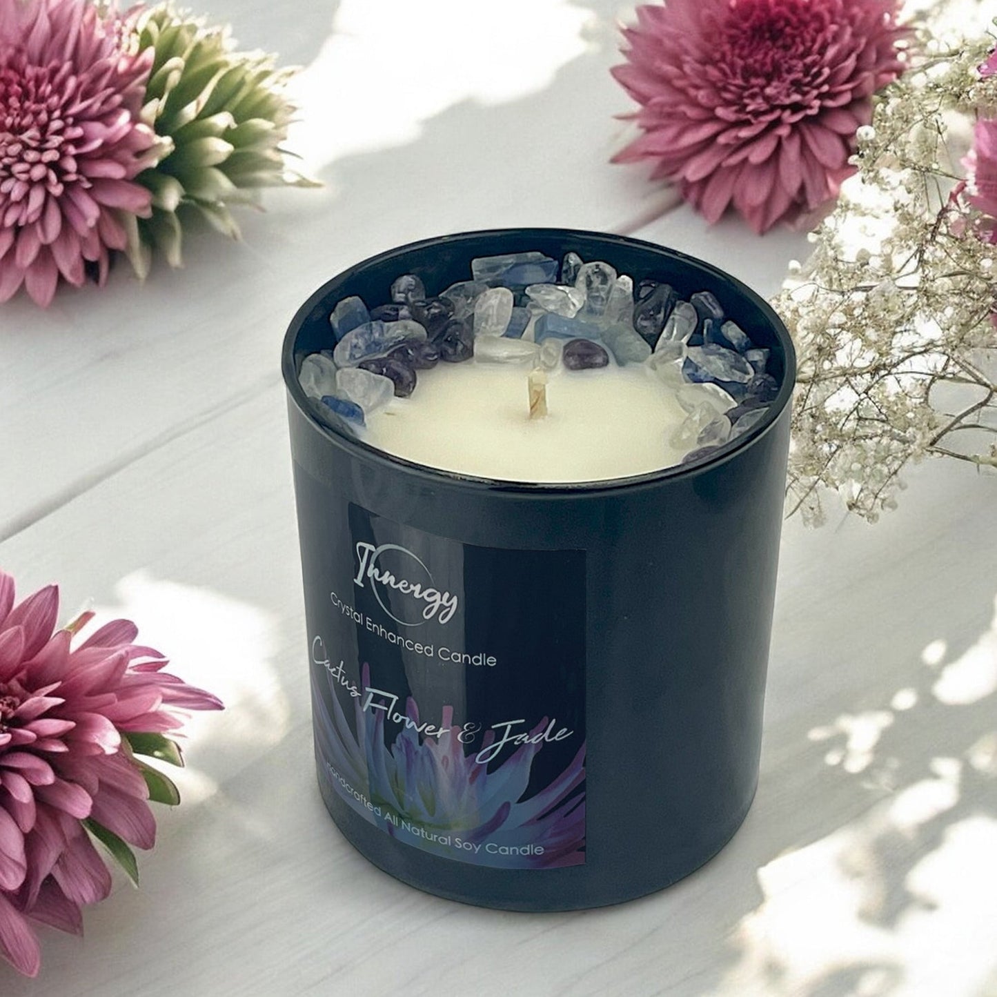 Cactus Flower & Jade Crystal Candle with Kyanite, Amethyst, and Quartz | Coconut-Soy Wax Candle, 9oz