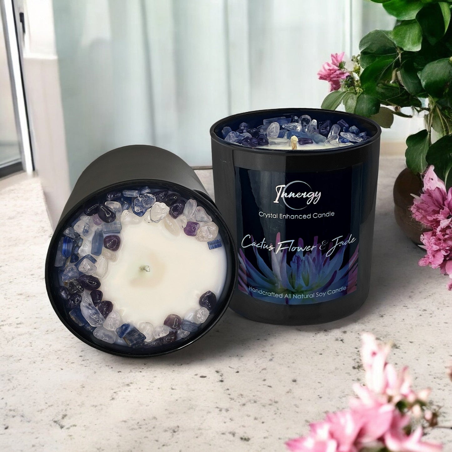 Cactus Flower & Jade Crystal Candle with Kyanite, Amethyst, and Quartz | Coconut-Soy Wax Candle, 9oz