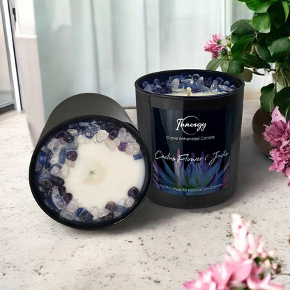 Cactus Flower & Jade Crystal Candle with Kyanite, Amethyst, and Quartz | Coconut-Soy Wax Candle, 9oz