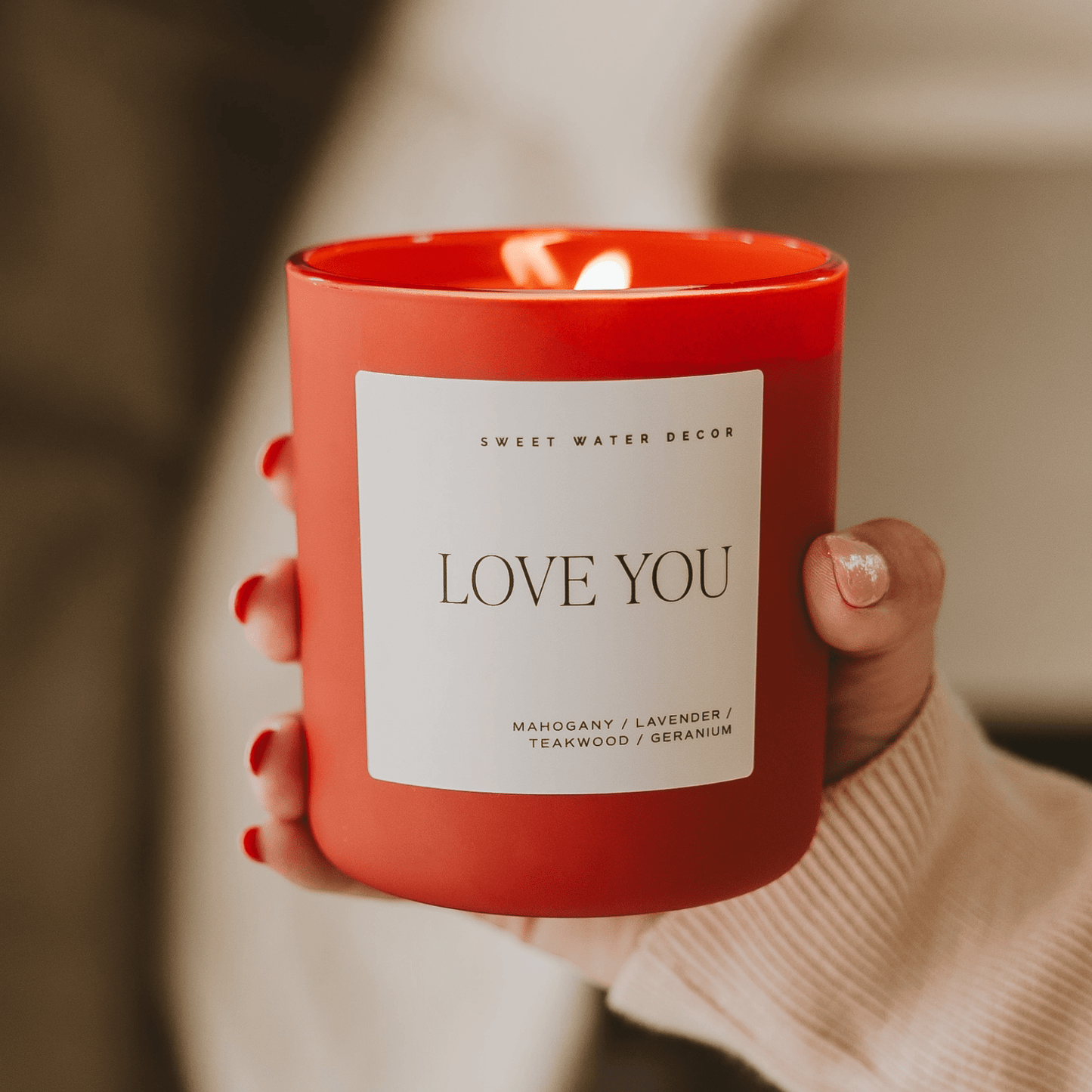 Love You Soy Candle - Red Matte Jar - 15 oz (Driftwood and Mahogany)