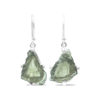 Natural Raw Moldavite Earrings in Sterling Silver