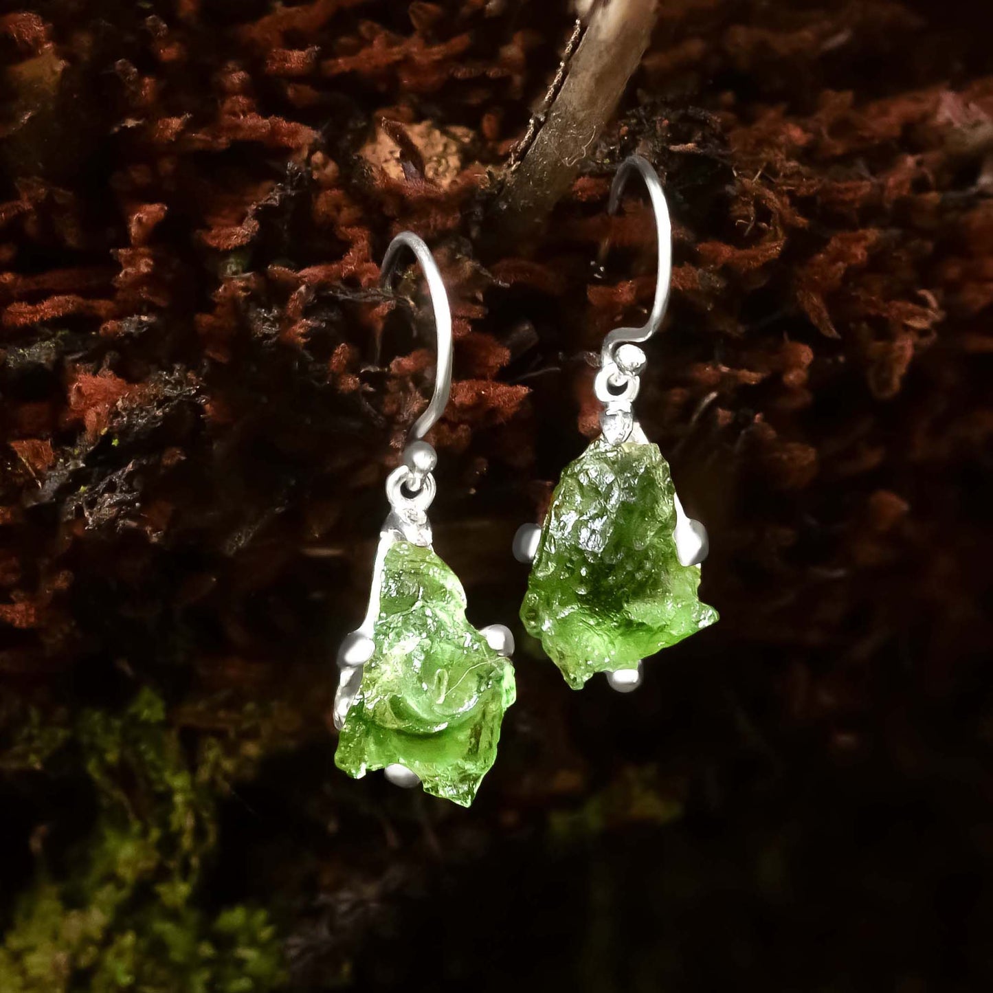Natural Raw Moldavite Earrings in Sterling Silver