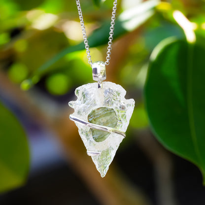 Starborn Quartz Arrowhead and Moldavite Wrap Pendant in Sterling Silver