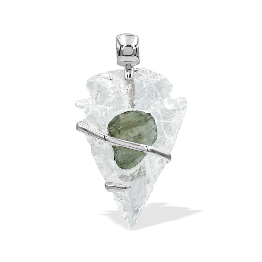 Starborn Quartz Arrowhead and Moldavite Wrap Pendant in Sterling Silver