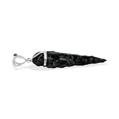 Starborn Obsidian Arrowhead Pendant with Filigree Garnet Gemstone Bale in Sterling Silver