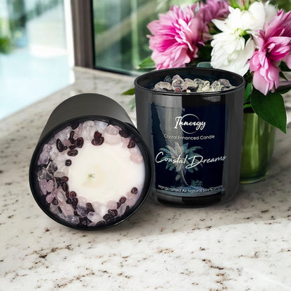 Coastal Dreams Crystal Candle with Garnet, Quartz, & Rose Quartz | Coconut-Soy Wax Candle, 9oz