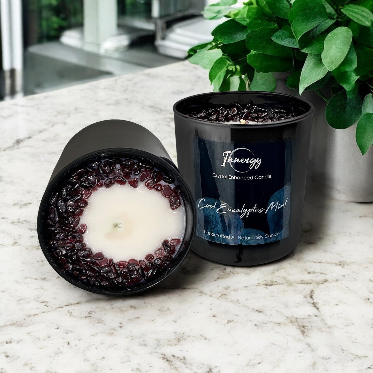 Eucalyptus Mint Crystal Candle with Garnet | Coconut-Soy Wax Candle, 9oz