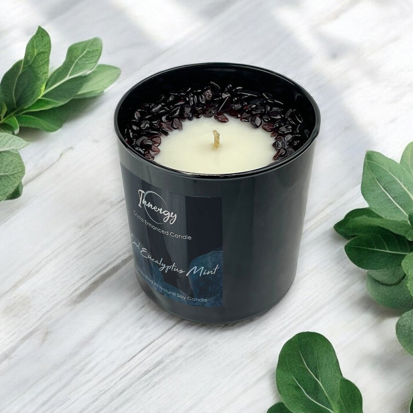 Eucalyptus Mint Crystal Candle with Garnet | Coconut-Soy Wax Candle, 9oz