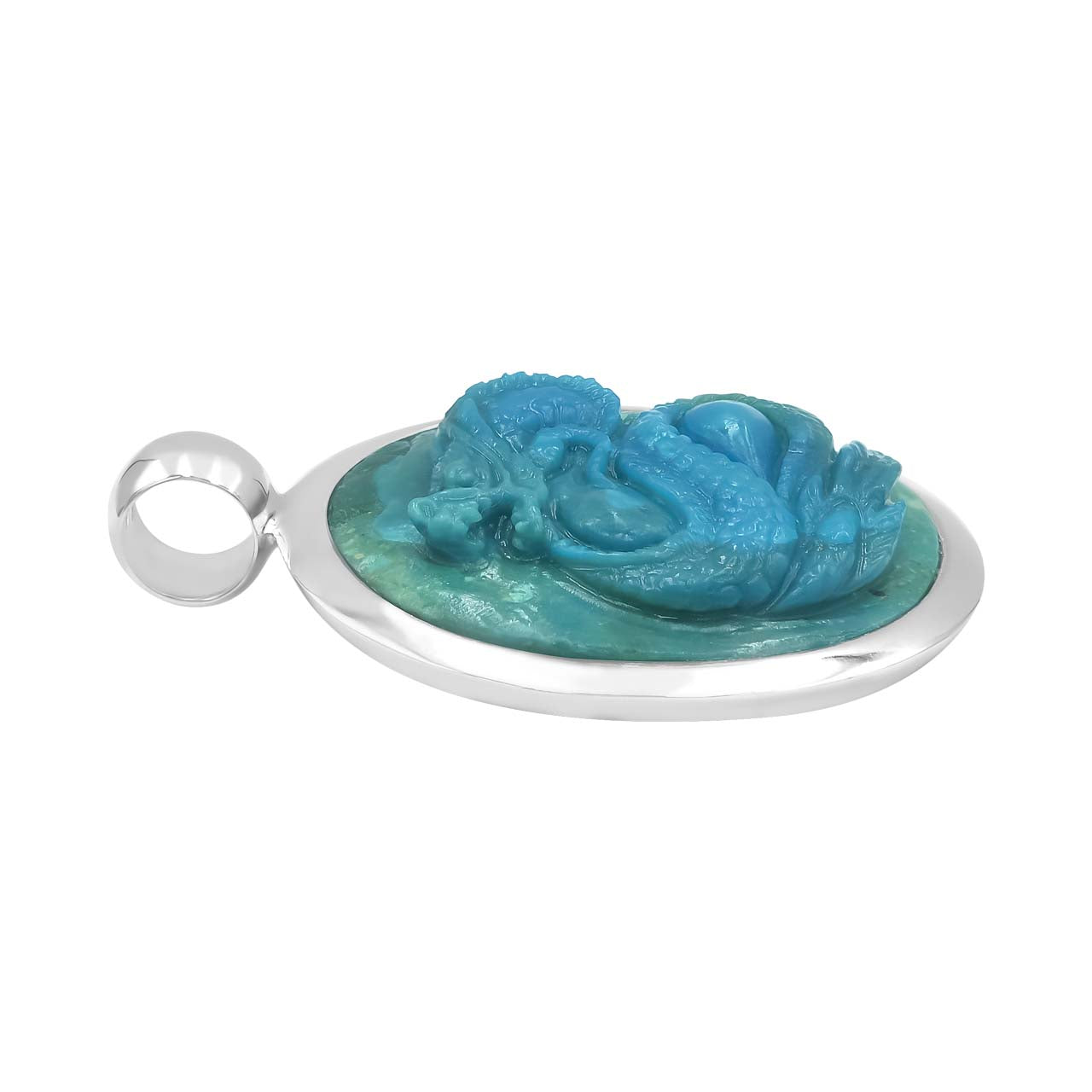 Starborn Peruvian Blue Opal Carved Dragon Medallion Style Pendant in Sterling Silver