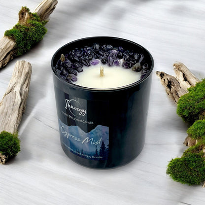 Cypress Mist Crystal Candle with Amethyst | Coconut-Soy Wax Candle, 9oz