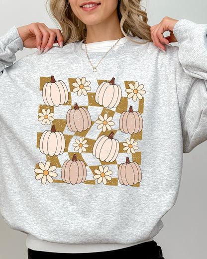 Checkered Pumpkins, Daisies, Flowers, Cute, Retro, Hippie, Positivity, Halloween, Autumn, Fall Sweatshirt