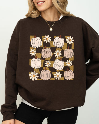 Checkered Pumpkins, Daisies, Flowers, Cute, Retro, Hippie, Positivity, Halloween, Autumn, Fall Sweatshirt