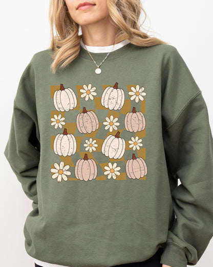 Checkered Pumpkins, Daisies, Flowers, Cute, Retro, Hippie, Positivity, Halloween, Autumn, Fall Sweatshirt