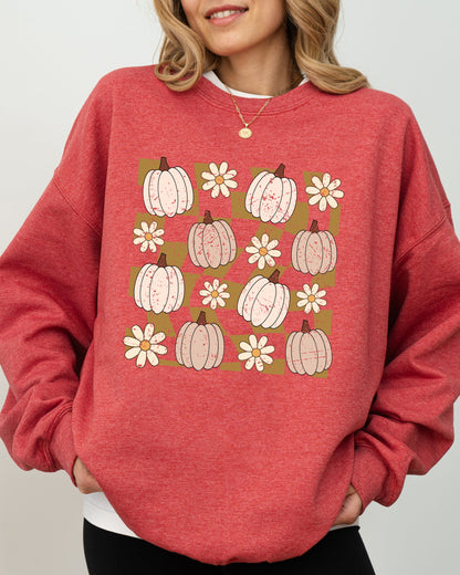 Checkered Pumpkins, Daisies, Flowers, Cute, Retro, Hippie, Positivity, Halloween, Autumn, Fall Sweatshirt