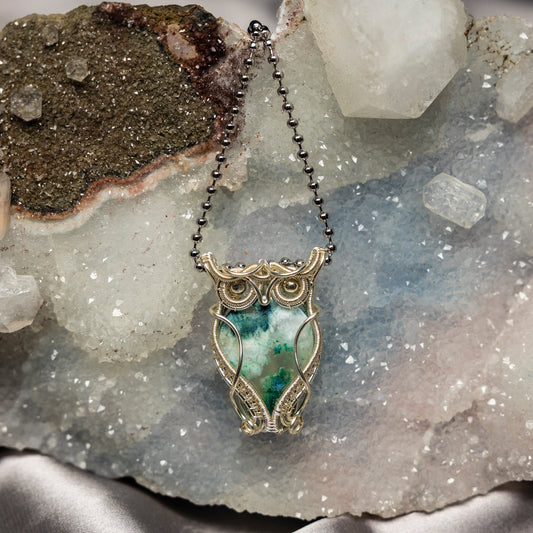 Chrysocolla in Quartz "Owl" Wire Wrap Crystal Pendant