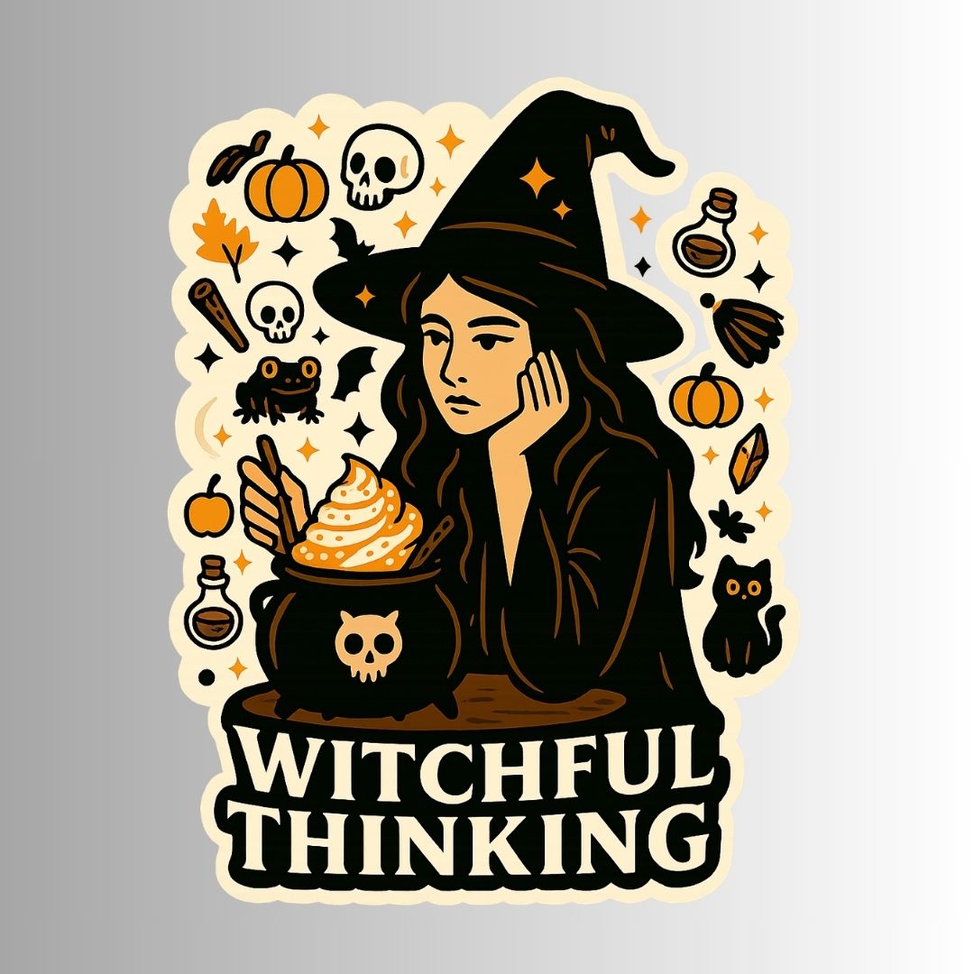 Funny Spooky Halloween Witch Sticker "Witchful Thinking" Pumpkin Spice Latte