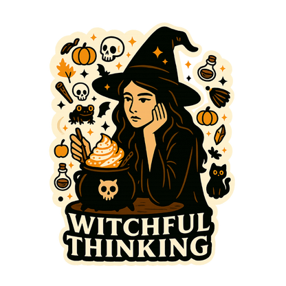 Funny Spooky Halloween Witch Sticker "Witchful Thinking" Pumpkin Spice Latte