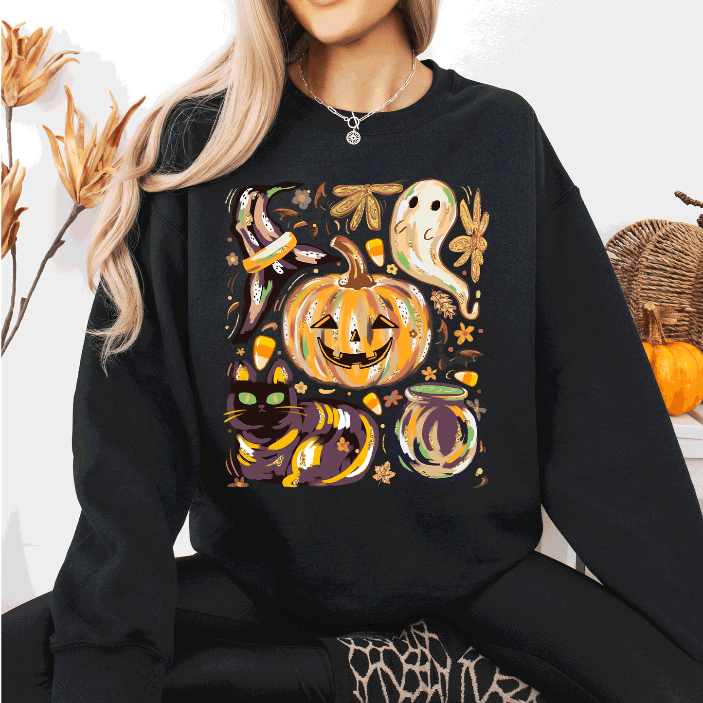 Cute Halloween Painted, Pumpkin, Black Cat, Ghost, Witch Sweatshirt