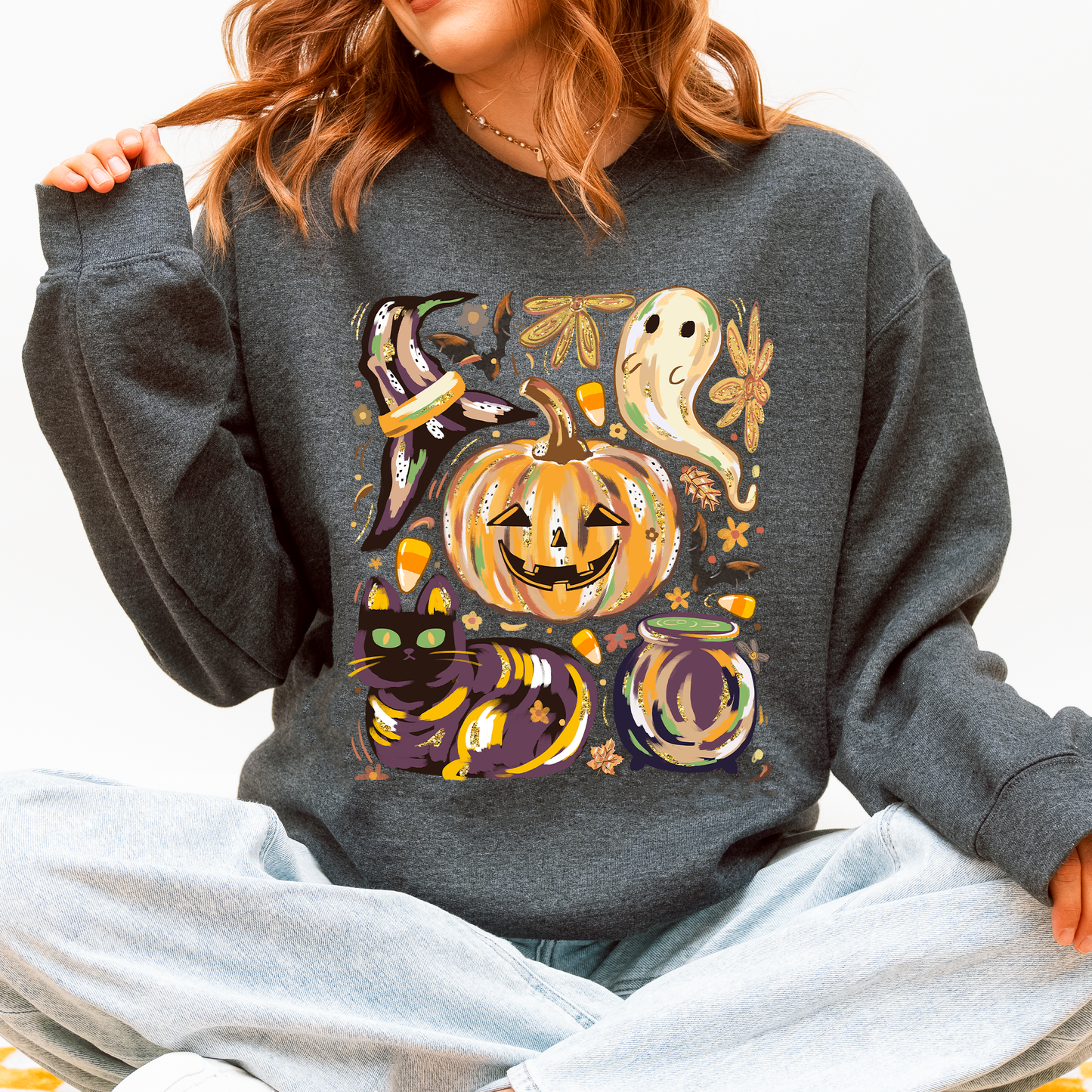 Cute Halloween Painted, Pumpkin, Black Cat, Ghost, Witch Sweatshirt
