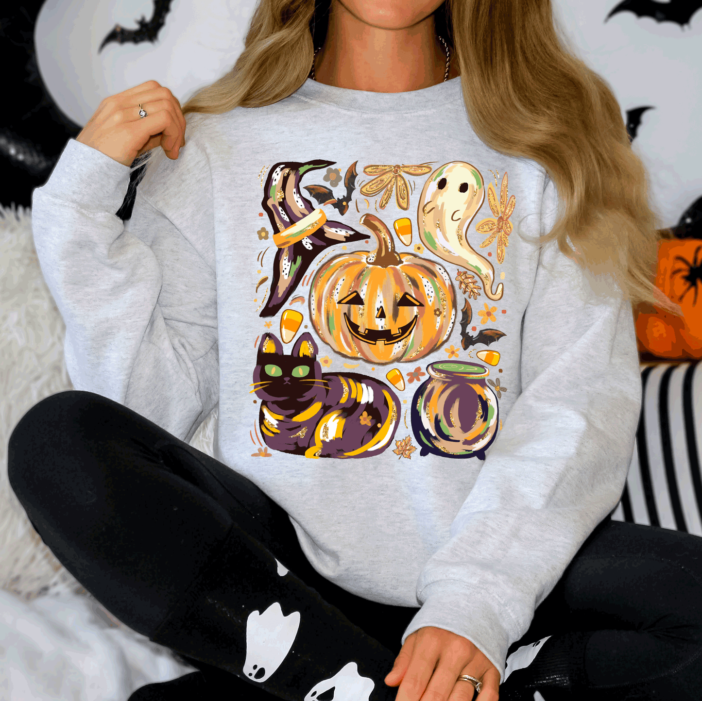 Cute Halloween Painted, Pumpkin, Black Cat, Ghost, Witch Sweatshirt