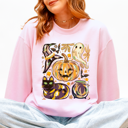 Cute Halloween Painted, Pumpkin, Black Cat, Ghost, Witch Sweatshirt