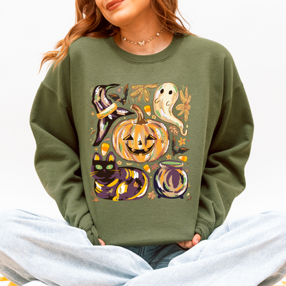Cute Halloween Painted, Pumpkin, Black Cat, Ghost, Witch Sweatshirt