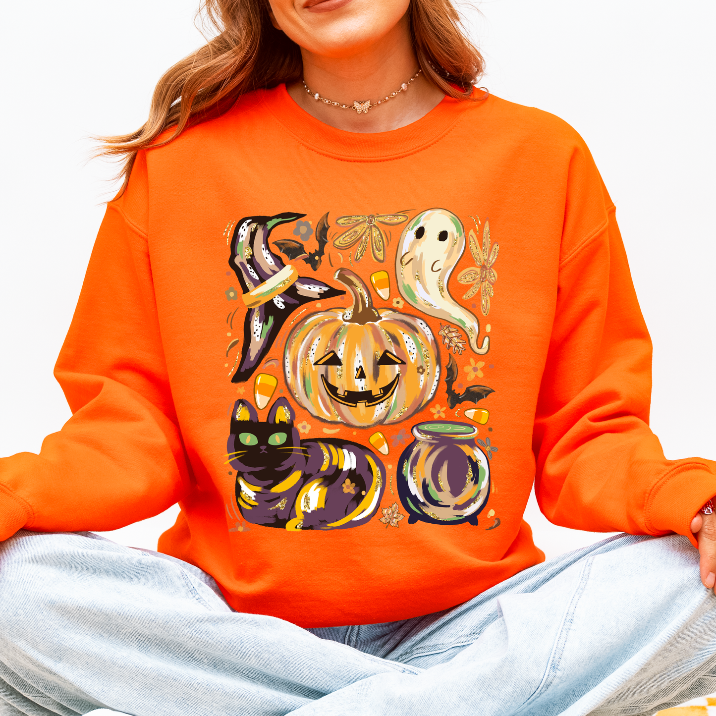 Cute Halloween Painted, Pumpkin, Black Cat, Ghost, Witch Sweatshirt