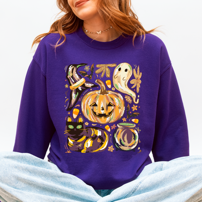 Cute Halloween Painted, Pumpkin, Black Cat, Ghost, Witch Sweatshirt