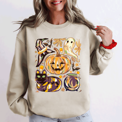 Cute Halloween Painted, Pumpkin, Black Cat, Ghost, Witch Sweatshirt