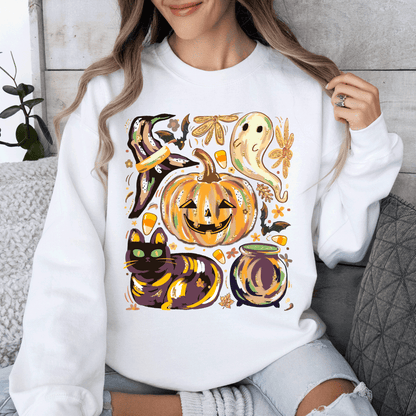 Cute Halloween Painted, Pumpkin, Black Cat, Ghost, Witch Sweatshirt