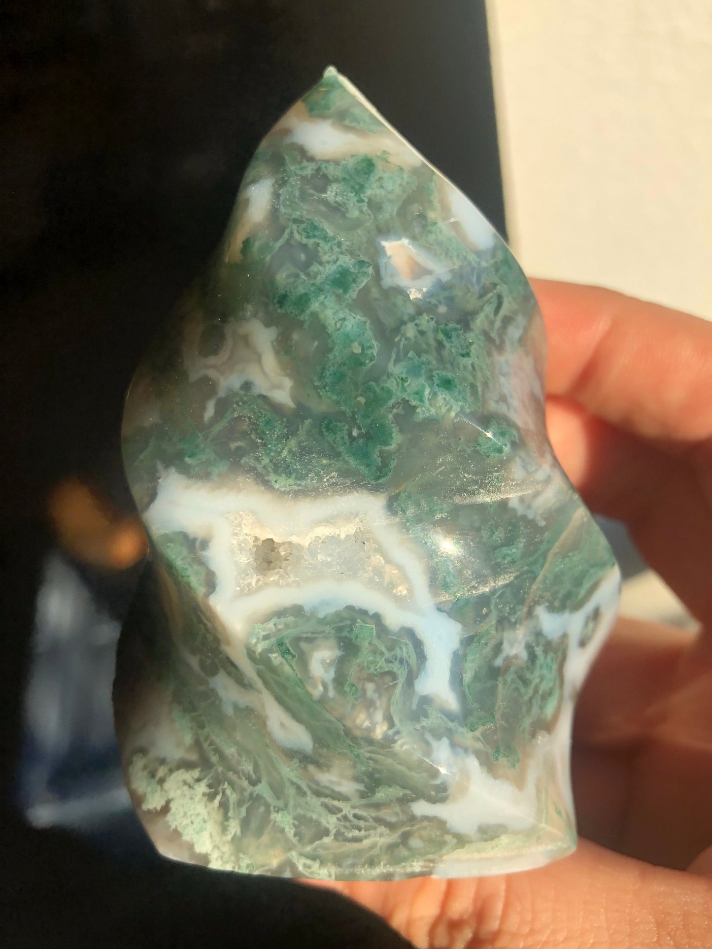 Moss Agate Flame – 3.5” to 4” with Druzy Pockets