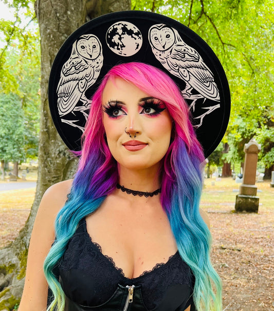 Vegan Felt Wide Brim Hat - Flat Top XL Brim - "Owls"