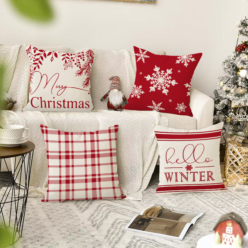 Christmas Snowflake Pillow Cover Linen Checkered Letter Printed Pillow Cover Christmas Theme Cushion Cover