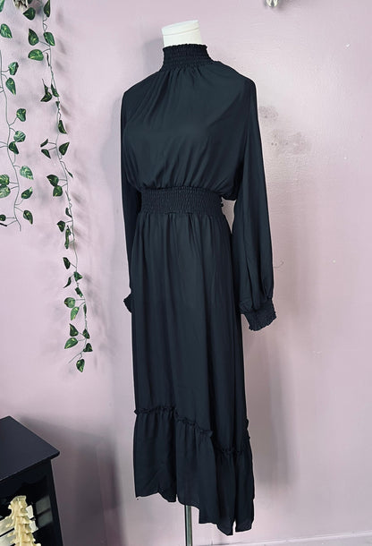 Classic Boho Shirred Black Dress