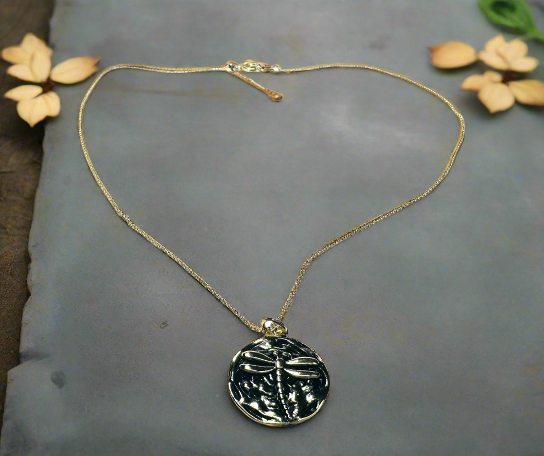 Dragonfly Necklace, medallion, Gift, Gold Filled Medallion, Birthday Gift