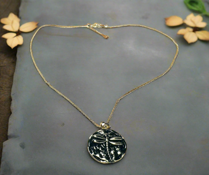 Dragonfly Necklace, medallion, Gift, Gold Filled Medallion, Birthday Gift