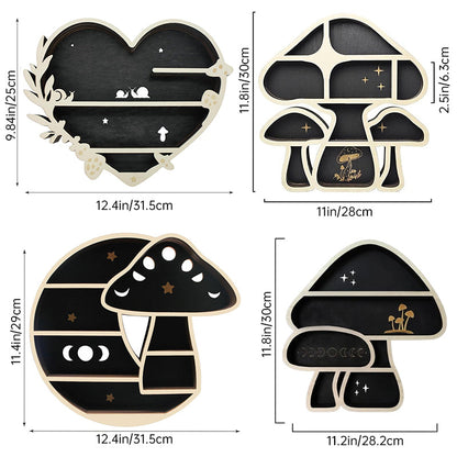 Adorable Mushroom - themed Decor. Wall - mounted Wooden Floating Mushroom Shelf. Ideal as a Crystal Display Shelf or a Rock Gem