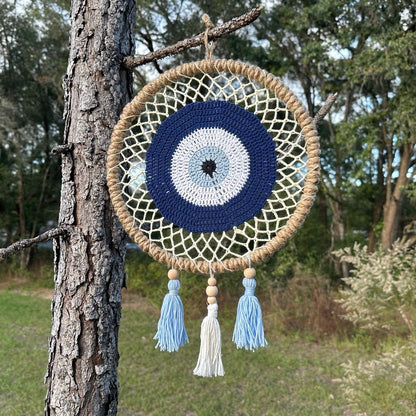 Evil Eye Wall Hanging, House Protection, Home Decor 12" Handmade Evil Eye Nazar Boncuk Mal De Ojo Macrame Dreamcatcher