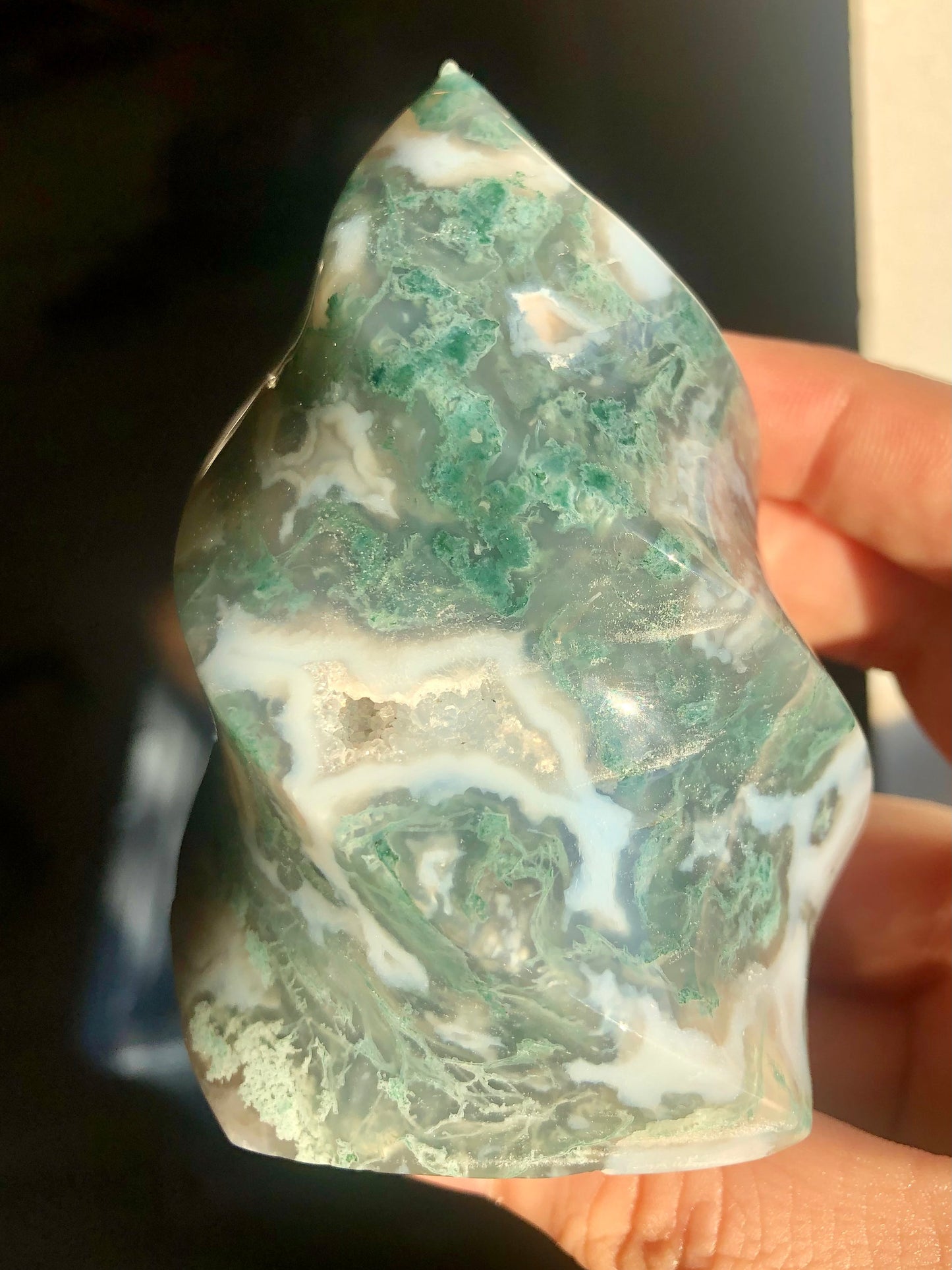 Moss Agate Flame – 3.5” to 4” with Druzy Pockets