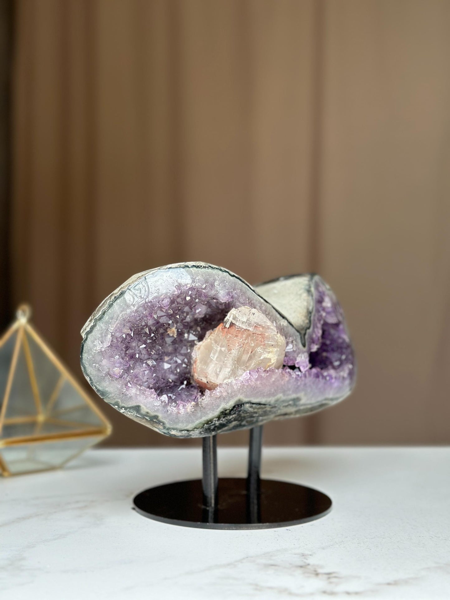 Rare Amethyst Geode with Calcite & Quartz – Colorful Microcrystal Formation on Stand | Collector Crystal