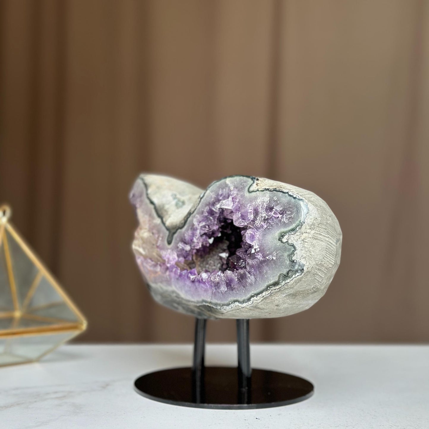 Rare Amethyst Geode with Calcite & Quartz – Colorful Microcrystal Formation on Stand | Collector Crystal