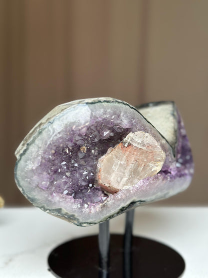 Rare Amethyst Geode with Calcite & Quartz – Colorful Microcrystal Formation on Stand | Collector Crystal