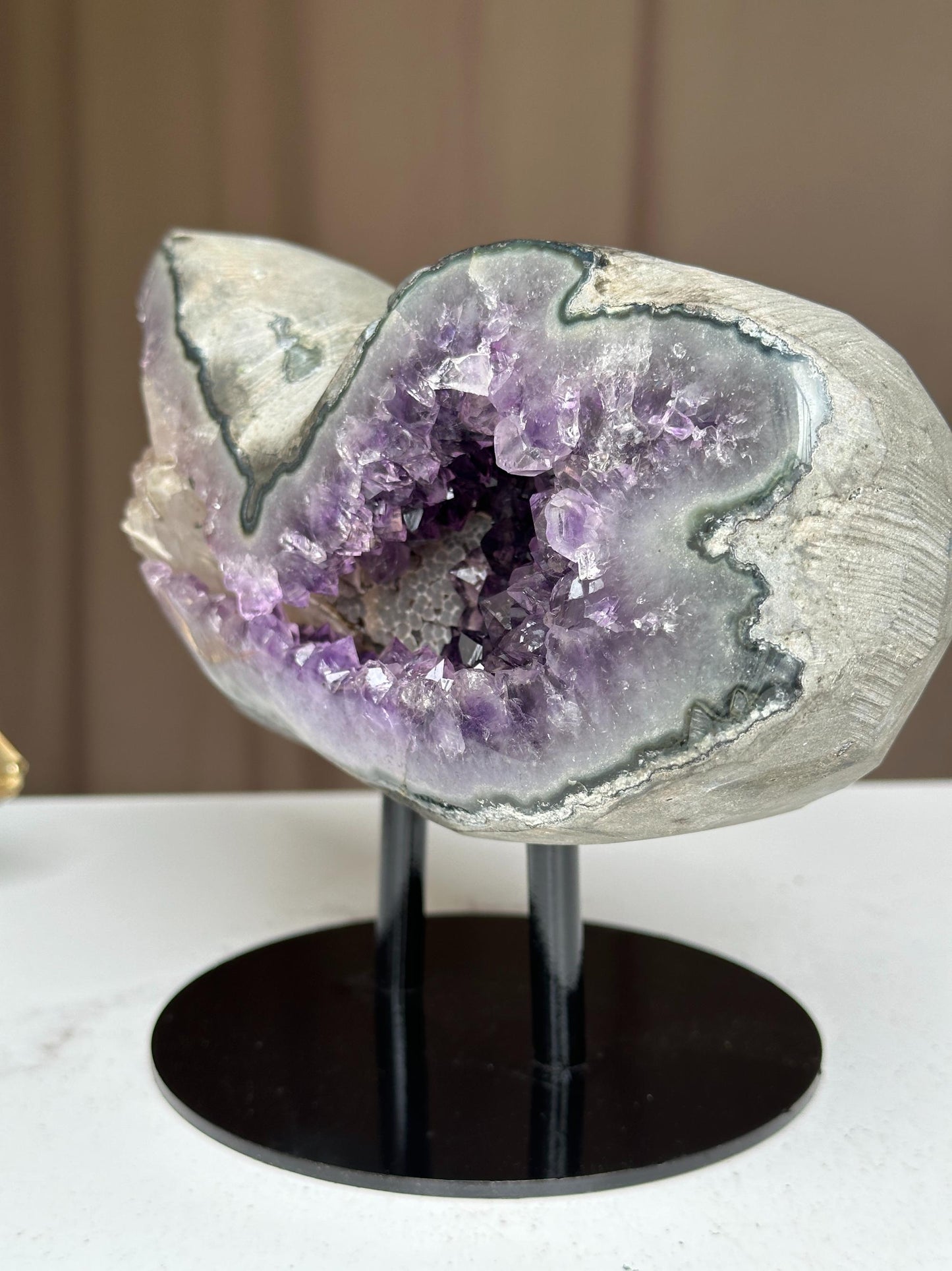 Rare Amethyst Geode with Calcite & Quartz – Colorful Microcrystal Formation on Stand | Collector Crystal