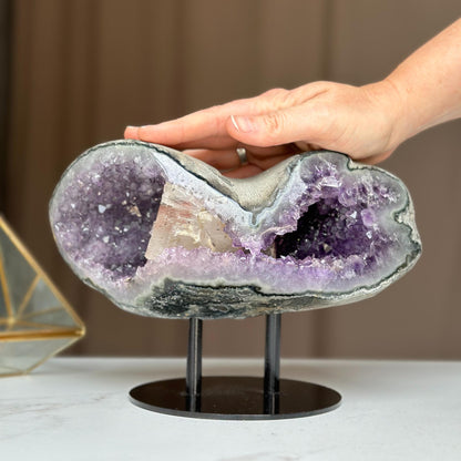 Rare Amethyst Geode with Calcite & Quartz – Colorful Microcrystal Formation on Stand | Collector Crystal