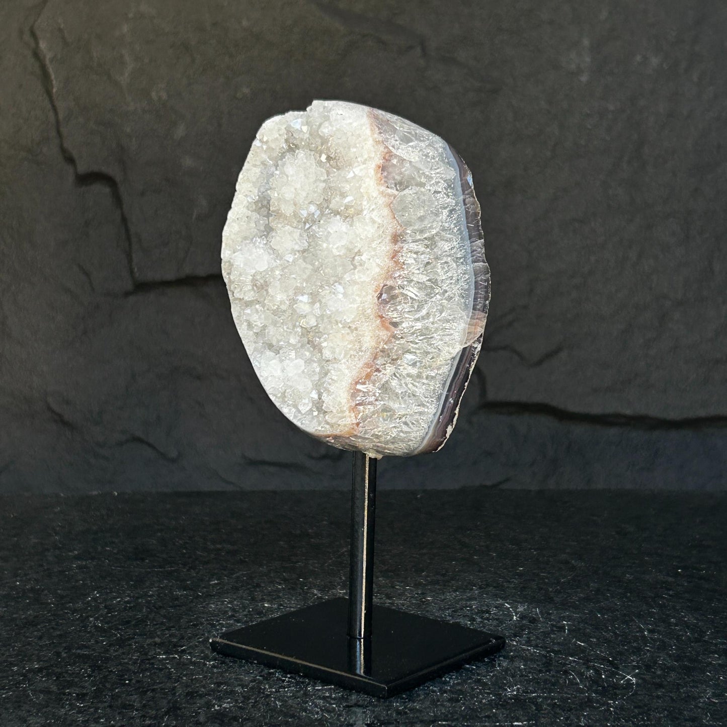 White quartz on stand, Geode with metallic base included for home decoration
