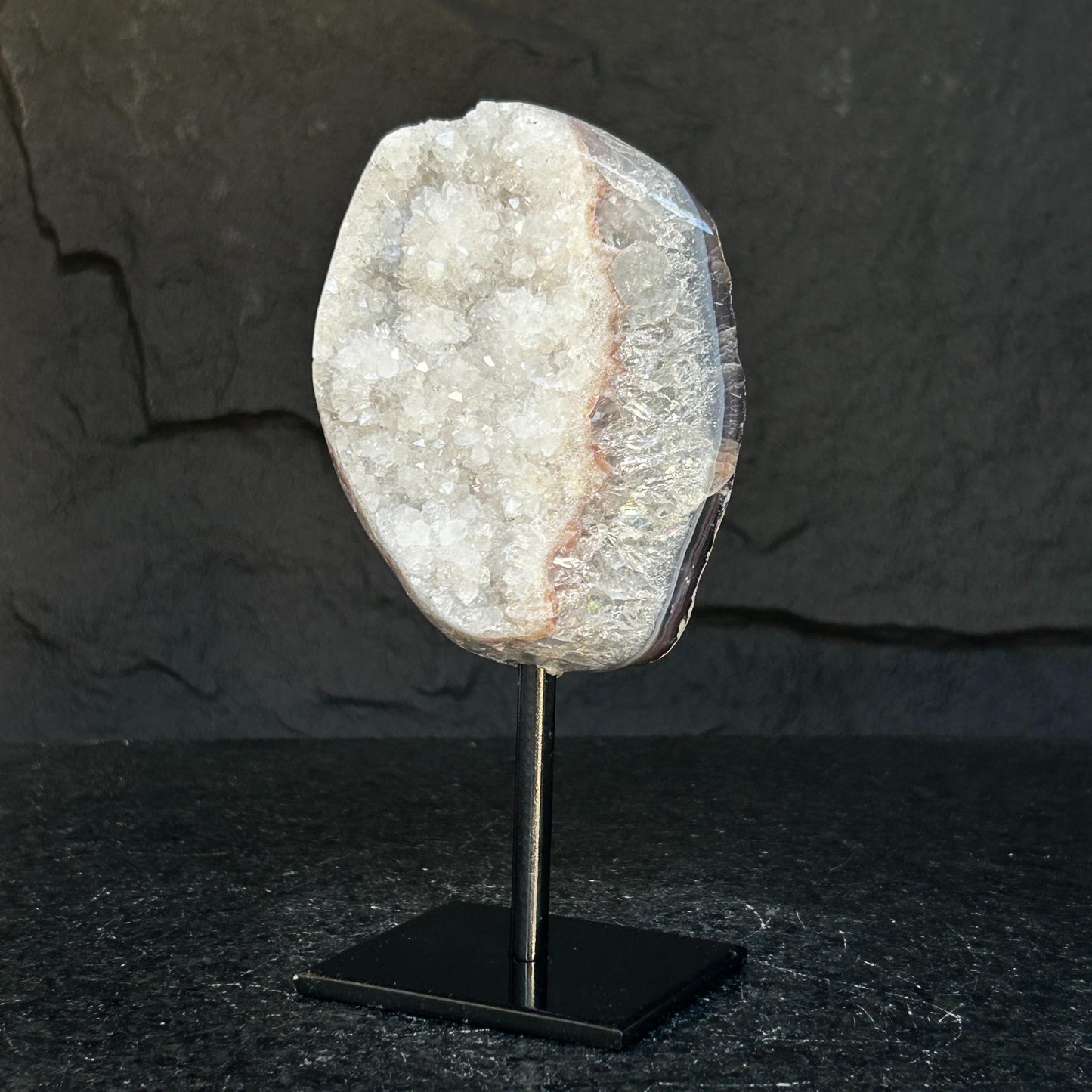 White quartz on stand, Geode with metallic base included for home decoration