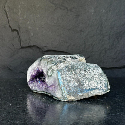 The largest Amethyst Geode Centerpiece, Extra Large decor piece, Outstanding Purple crystal with green agate details
